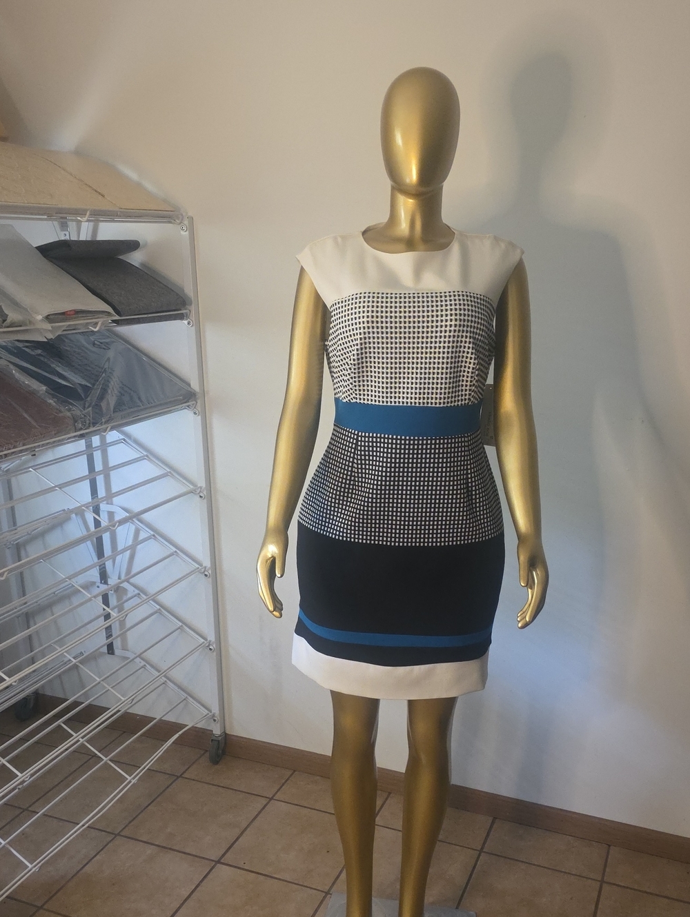 Studio I White and Blue Patterned Sheath Dress with Waist Band